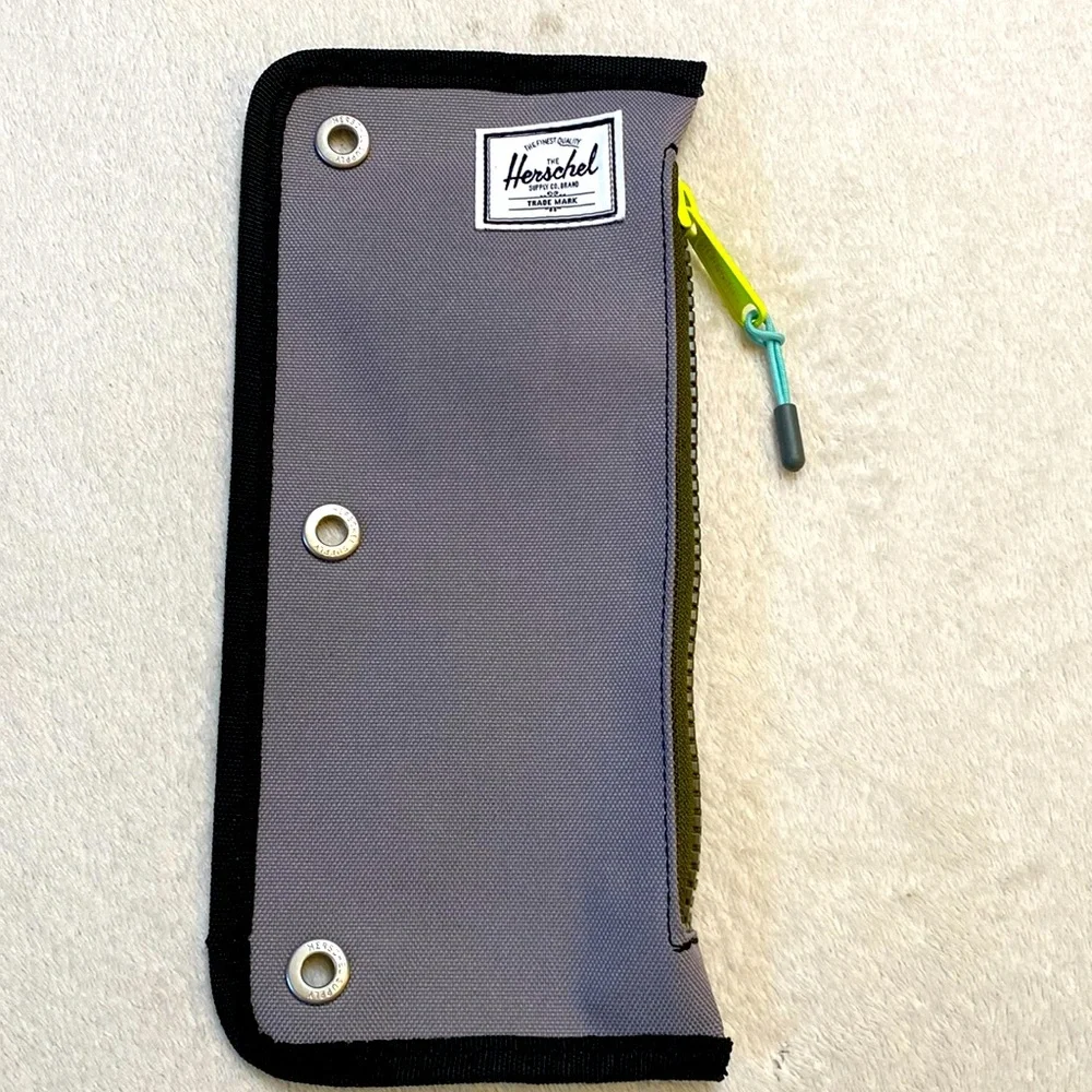 Herschel Supply gray zippered rugged pencil case bright yellow zipper NWOT